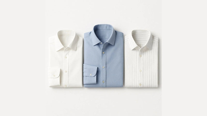 Polumi men’s shirts — white, blue, and striped formal shirts crafted with precision for modern sophistication.