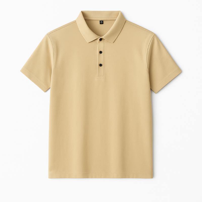 Men’s short sleeve polo shirt in beige with button placket, lightweight summer wear.