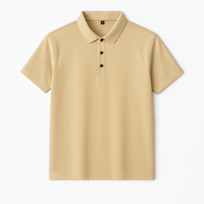 Men’s short sleeve polo shirt in beige with button placket, lightweight summer wear.