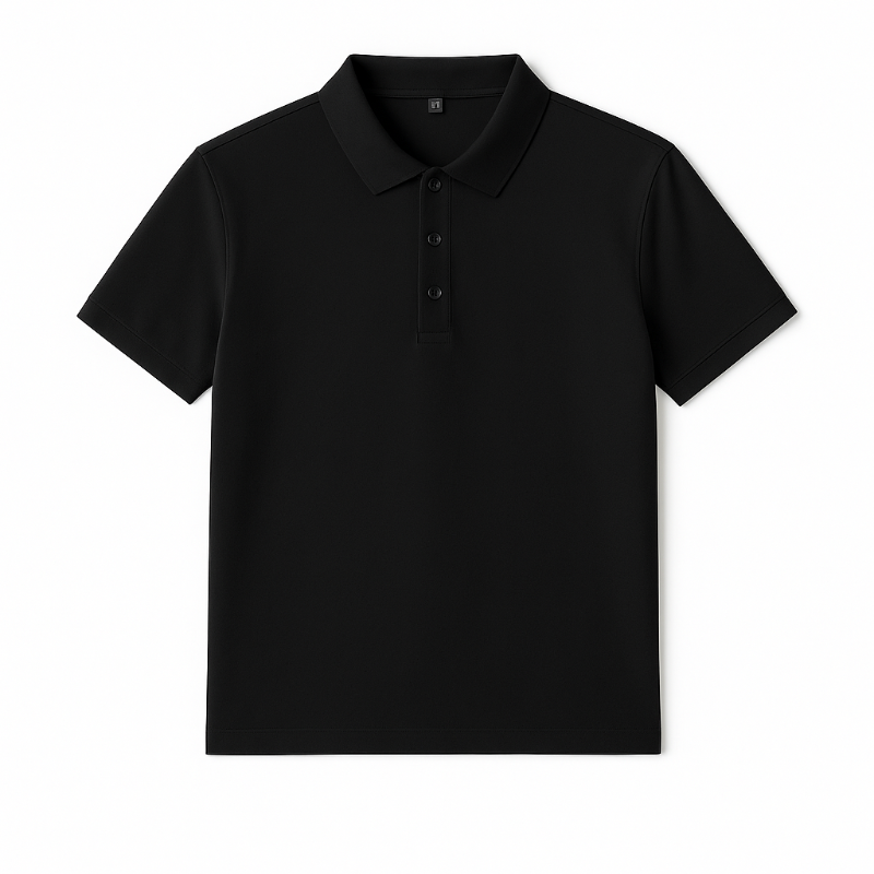 Men’s short sleeve polo shirt in black with button placket, classic summer fashion.