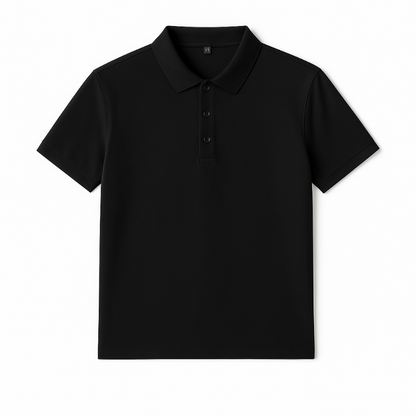 Men’s short sleeve polo shirt in black with button placket, classic summer fashion.