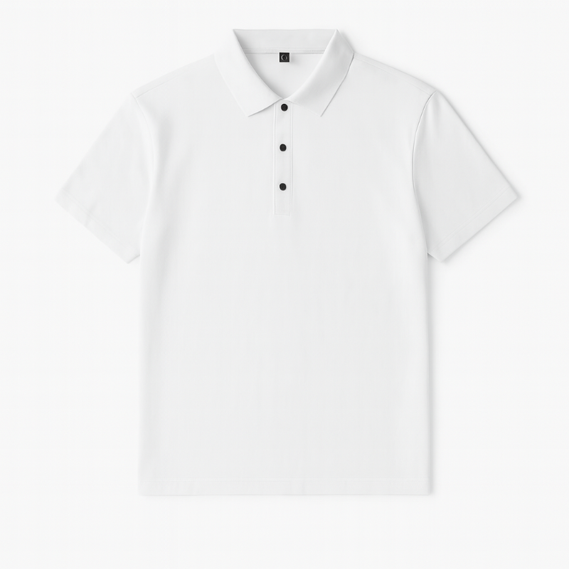 Men’s short sleeve polo shirt in white with button placket, slim fit summer style.