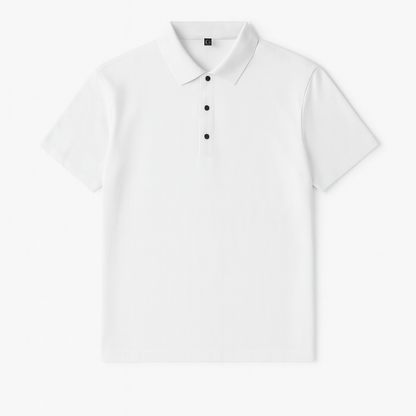 Men’s short sleeve polo shirt in white with button placket, slim fit summer style.