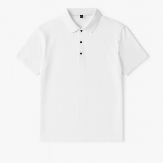 Men’s short sleeve polo shirt in white with button placket, slim fit summer style.