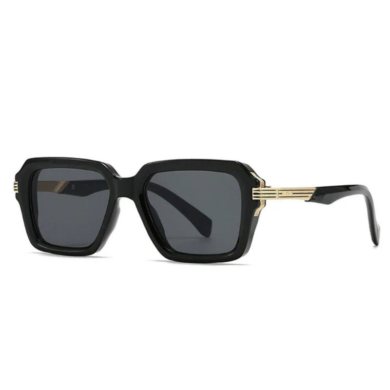 Men's square sunglasses with black frame and gold temples