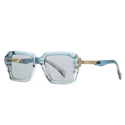 Front view of men's square sunglasses with blue transparent frame and grey lenses