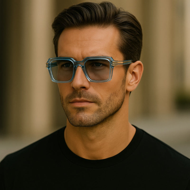  Man wearing men's square sunglasses with blue transparent frame and gold temple details