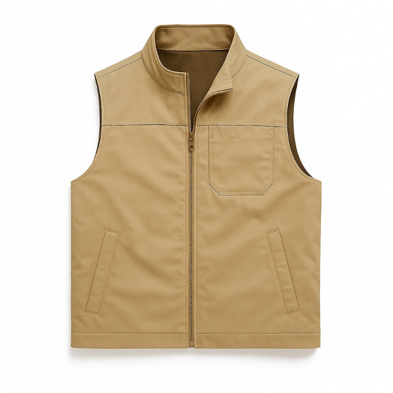 Men’s utility vest in beige, front view with zip closure and chest pocket.