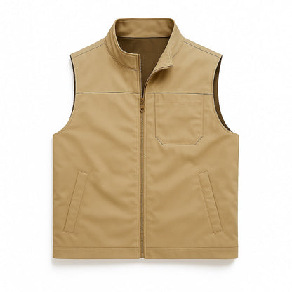 Men’s utility vest in beige, front view with zip closure and chest pocket.