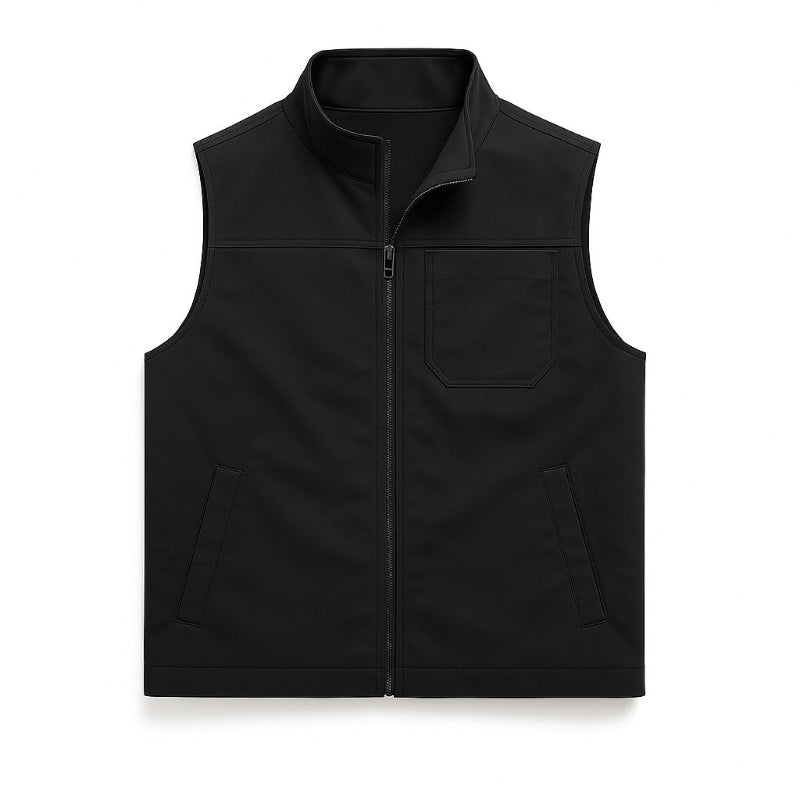 Men’s utility vest in black, front view with full zipper, chest pocket and hand pockets.