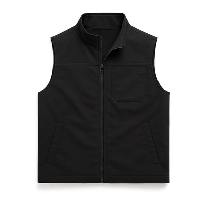 Men’s utility vest in black, front view with full zipper, chest pocket and hand pockets.