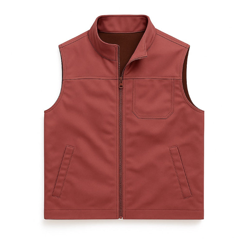 Men’s utility vest in brick red, front view with zipper front and chest pocket.