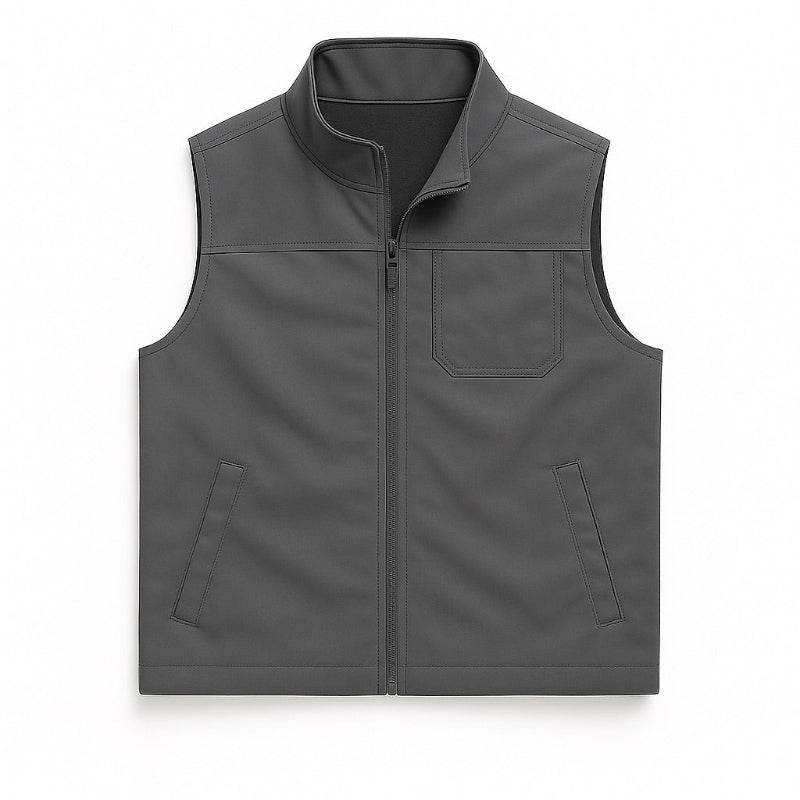 Men’s utility vest in charcoal gray, front view showing zipper and pocket detailing.