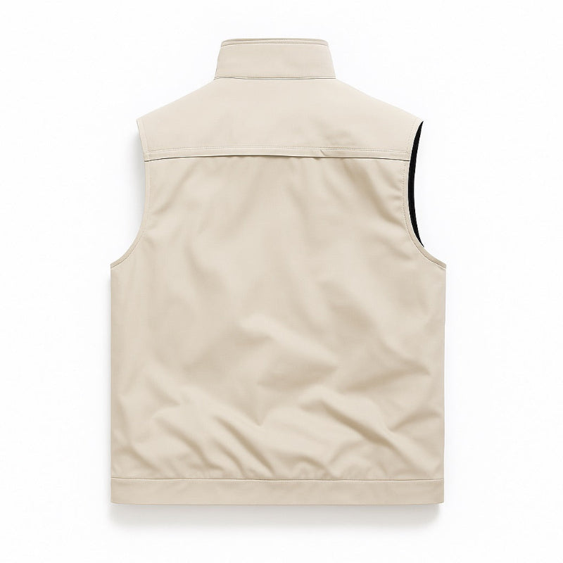 Men’s utility vest in ivory, back view with clean yoke and straight seams.