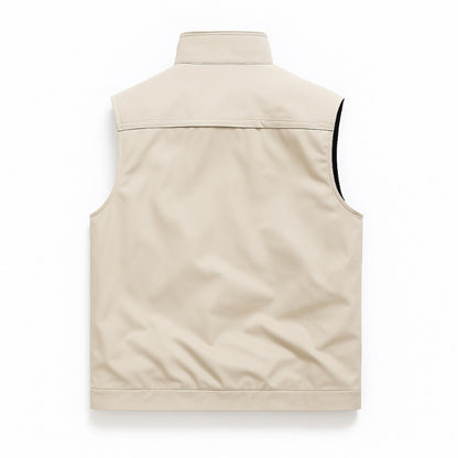 Men’s utility vest in ivory, back view with clean yoke and straight seams.