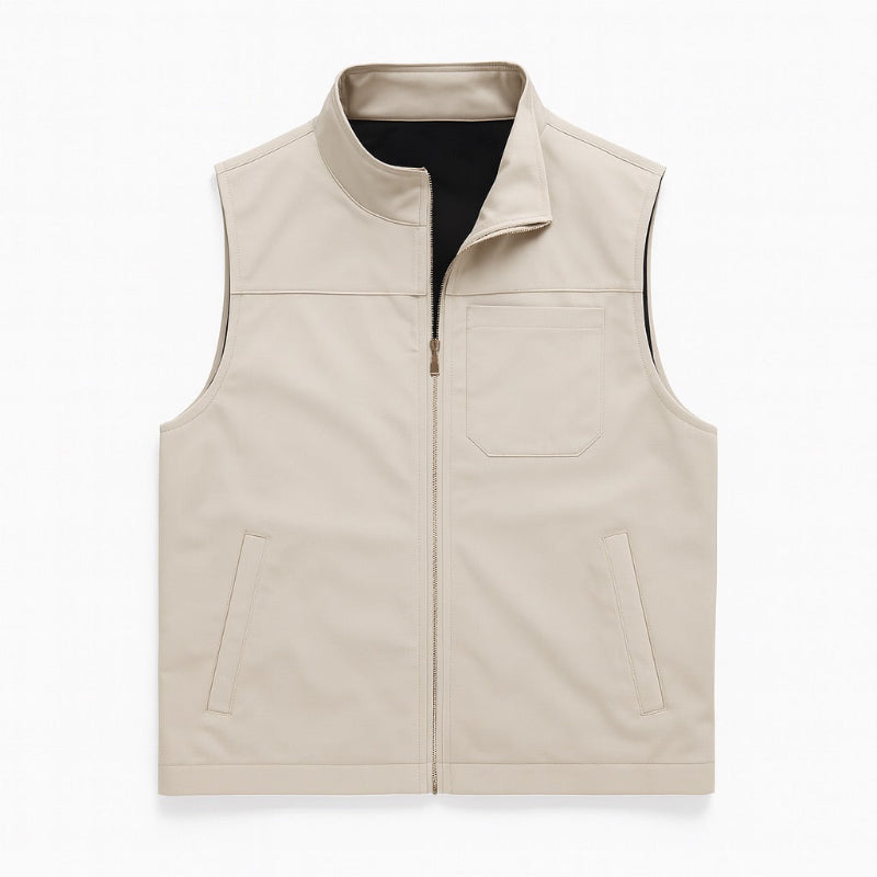 Men’s utility vest in ivory, front flat lay with full zipper and chest pocket.