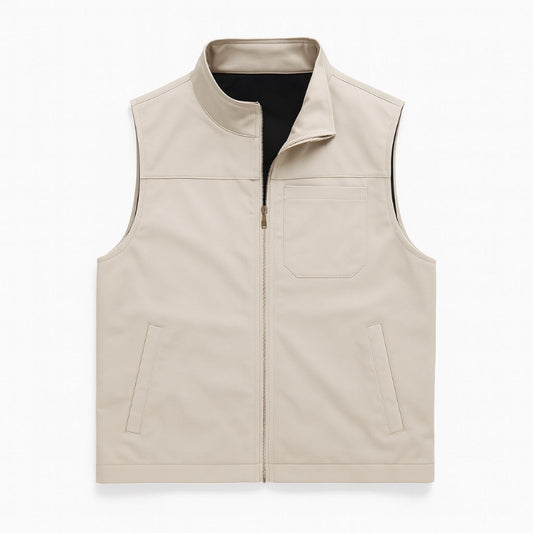 Men’s utility vest in ivory, front flat lay with full zipper and chest pocket.