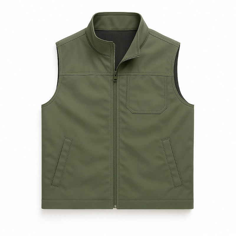 Men’s utility vest in olive green, front view with zip closure and multiple pockets.