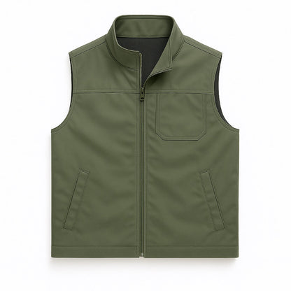 Men’s utility vest in olive green, front view with zip closure and multiple pockets.