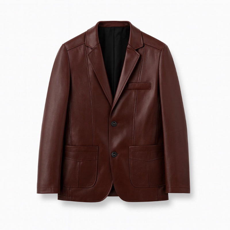 Milano Leather Jacket in bordeaux by Polumi — elegant men’s leather blazer crafted with sleek tailoring and a timeless urban look.