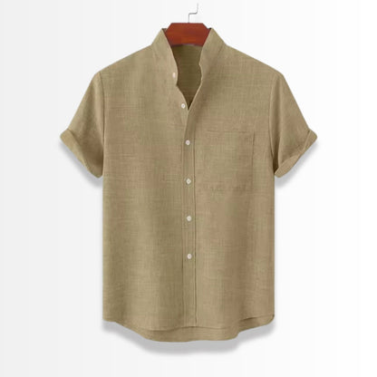 Linen Stand Collar Shirt in mustard