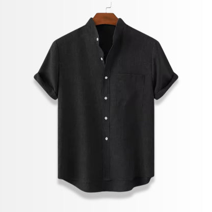 Linen Stand Collar Shirt in black