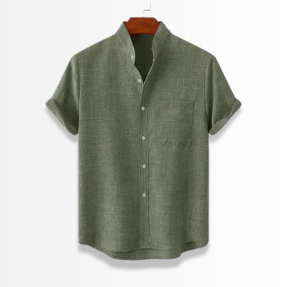 Linen Stand Collar Shirt in green