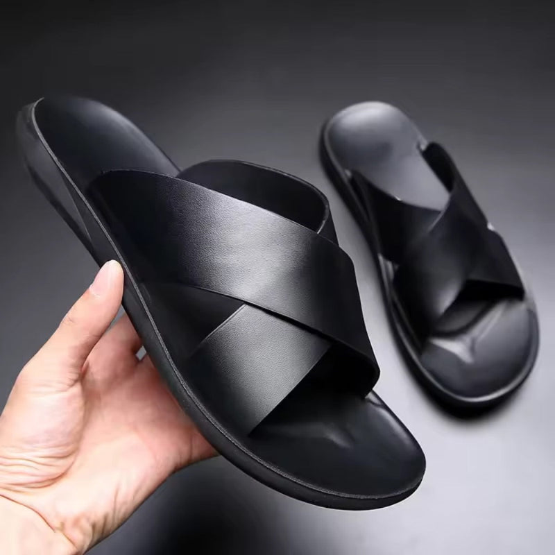 Milano men’s leather sandal in black with cross-strap design – front view.
