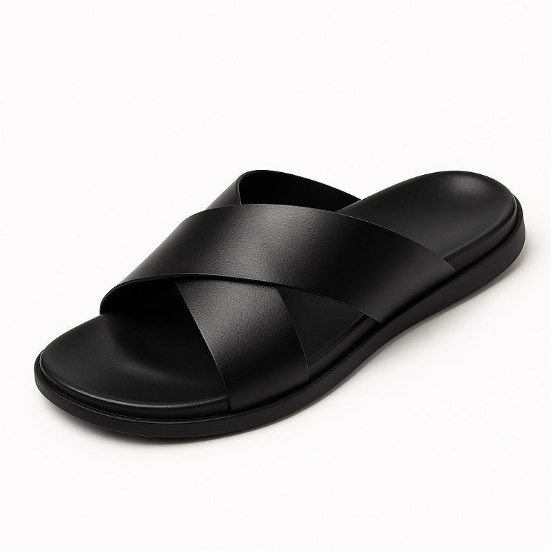 Milano men’s leather sandal in black, side angled view.
