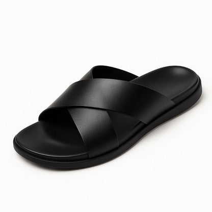 Milano men’s leather sandal in black, side angled view.