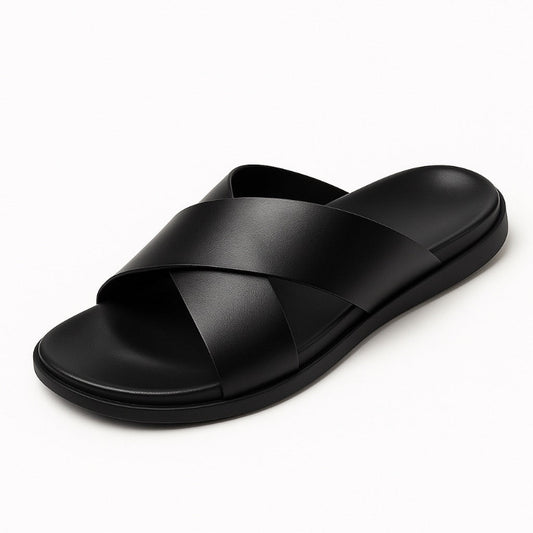 Milano men’s leather sandal in black, side angled view.