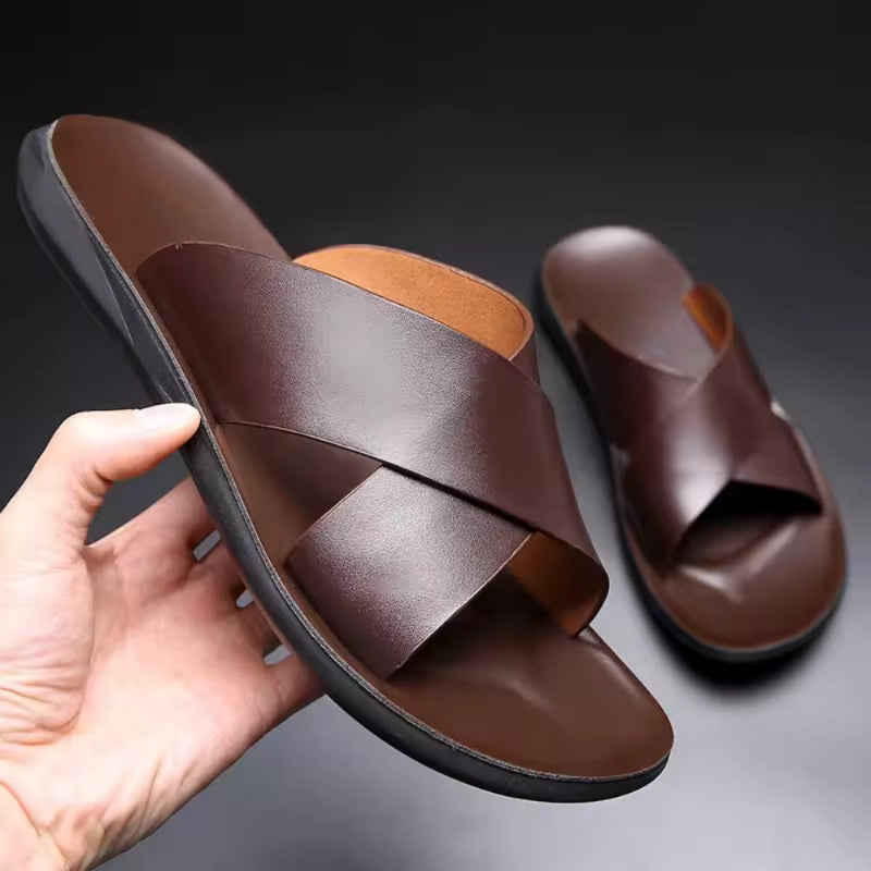 Milano men’s leather sandal in brown with cross-strap design – front view.