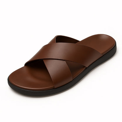 Milano men’s leather sandal in brown, side angled view.