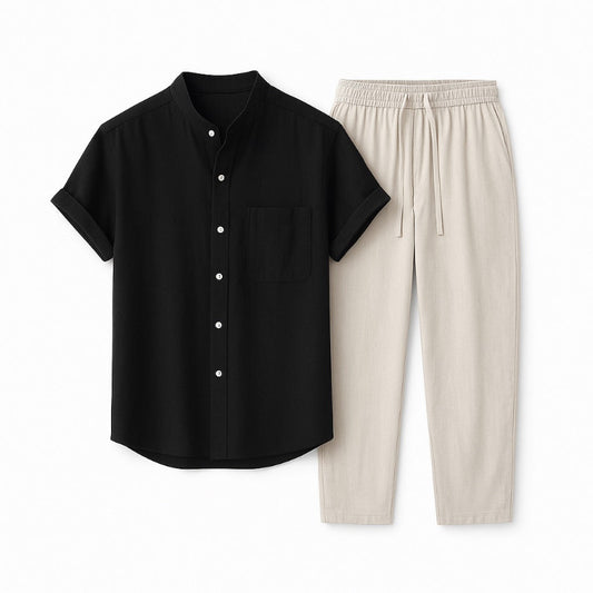 Men’s Milano short-sleeve black shirt with beige linen pants, minimalist flat lay on white background.