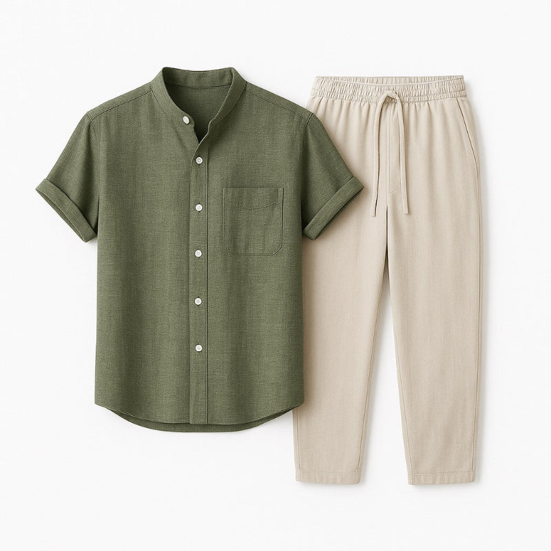Army green Milano short-sleeve shirt with beige relaxed-fit pants, men’s linen set flat lay.