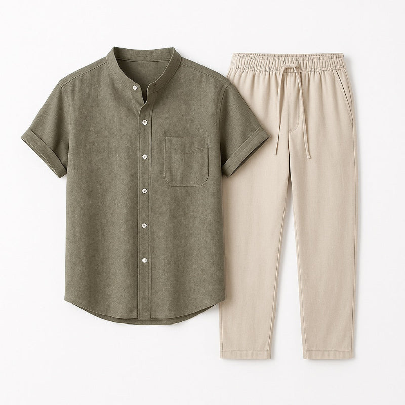 Milano men’s gray short-sleeve shirt paired with beige drawstring pants, flat lay fashion display.