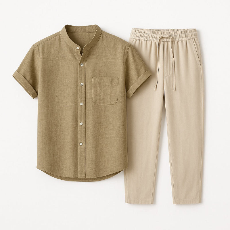 Salmon orange Milano men’s linen shirt and beige pants set, breathable summer outfit flat lay.