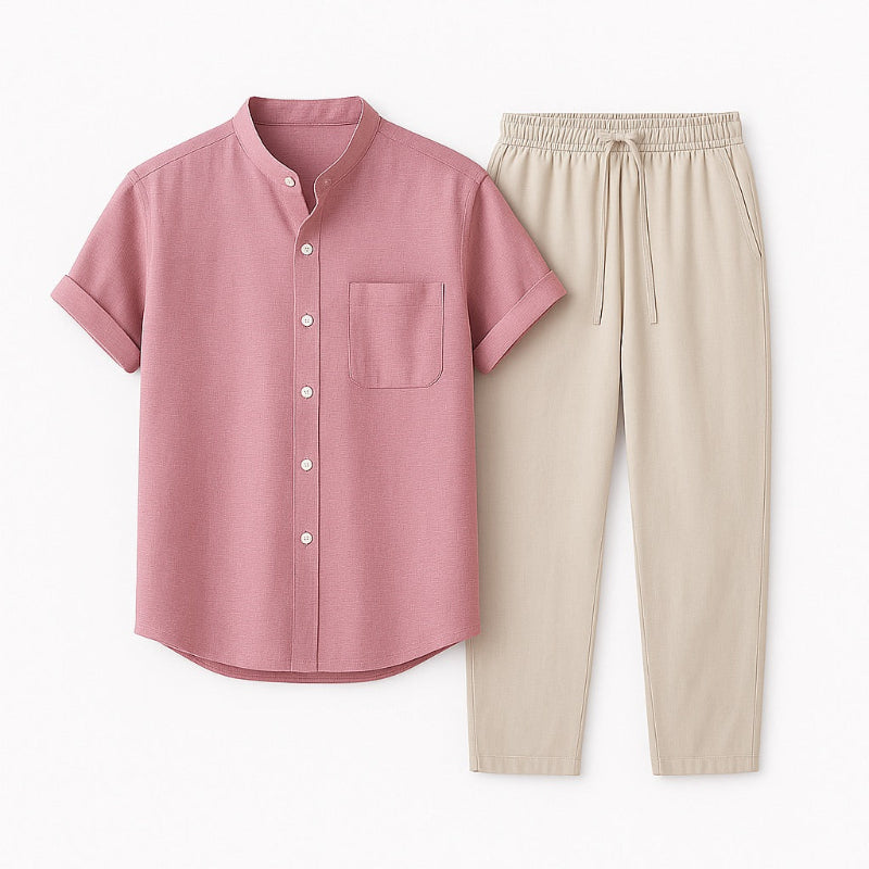 Soft pink Milano men’s summer shirt and beige casual pants, lightweight linen blend outfit flat lay.