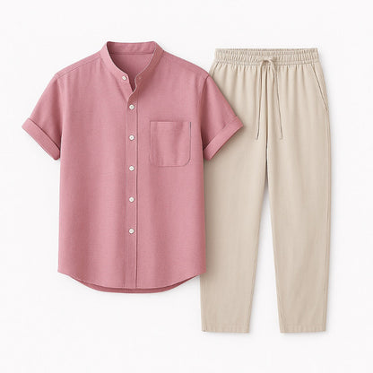 Soft pink Milano men’s summer shirt and beige casual pants, lightweight linen blend outfit flat lay.
