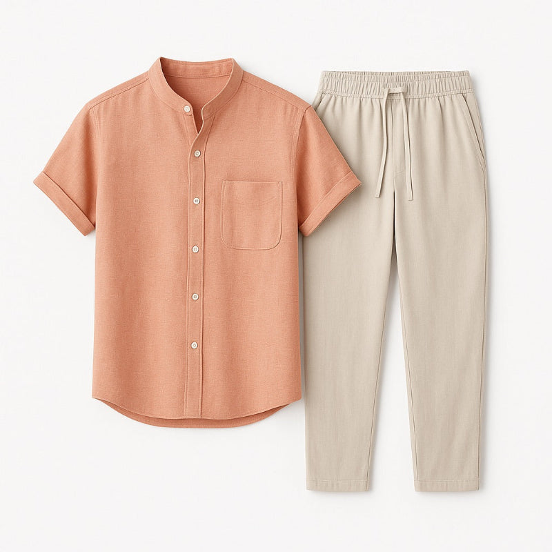 Mustard yellow Milano men’s short-sleeve shirt with beige pants, minimalist linen outfit flat lay.