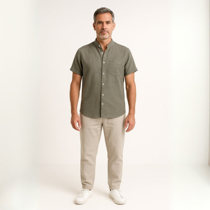 Man wearing Milano men’s shirt and pants set in gray linen front view