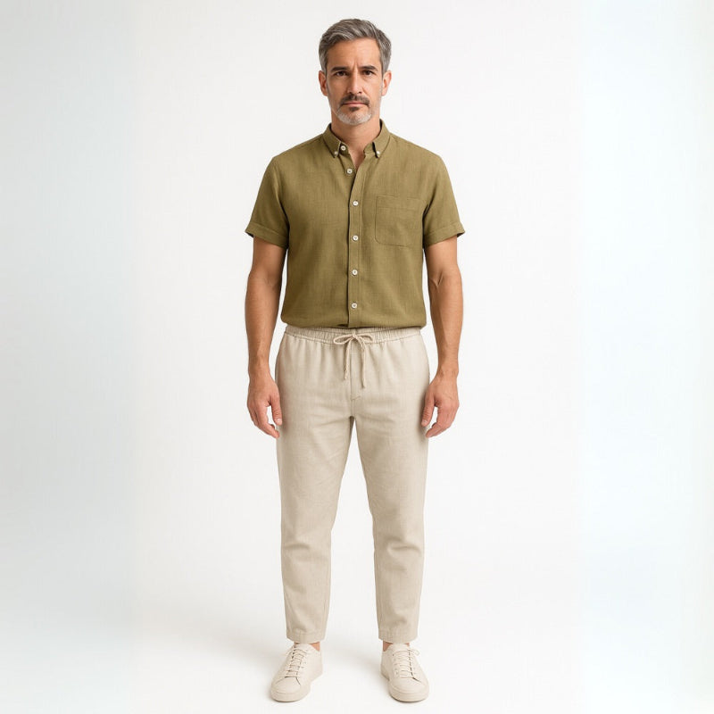 Man wearing Milano men’s shirt and pants set in mustard linen front view