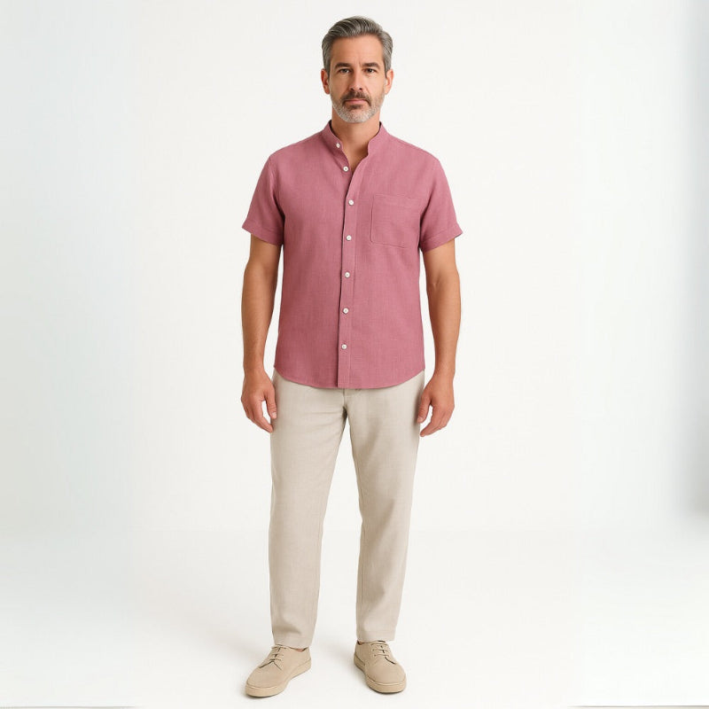 Man wearing Milano men’s shirt and pants set in pink linen front view