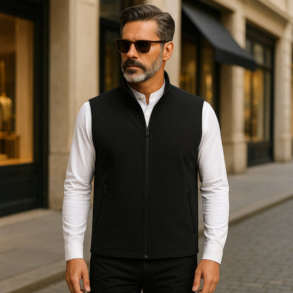 Male model aged 45-50 wearing Riccardo - Waterproof Softshell Vest in Black
