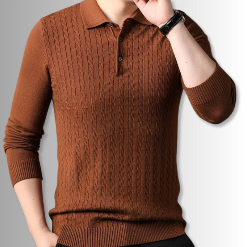 Vittorio Premium Knit Polo Sweater in brown – classic men's knit polo sweater with soft-touch feel and sophisticated tone by Polumi.