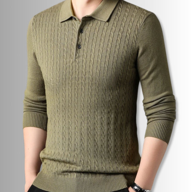 Vittorio Premium Knit Polo Sweater in green – elegant men's cable-knit polo sweater with premium texture and Italian-inspired design by Polumi.