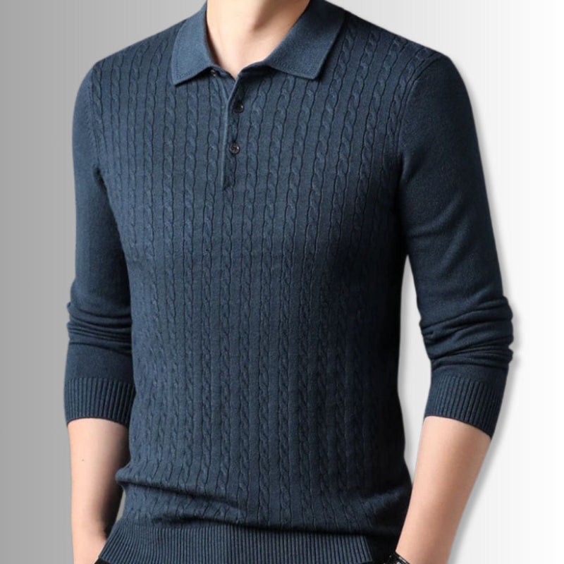 Vittorio Premium Knit Polo Sweater in navy – modern men's polo knit with fine cable detailing and sleek Italian-inspired fit by Polumi.