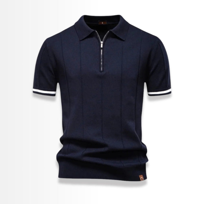 Navy knit polo shirt for men with short sleeves and white trim.