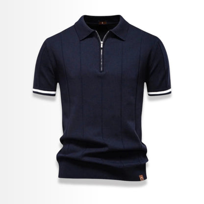 Navy knit polo shirt for men with short sleeves and white trim.