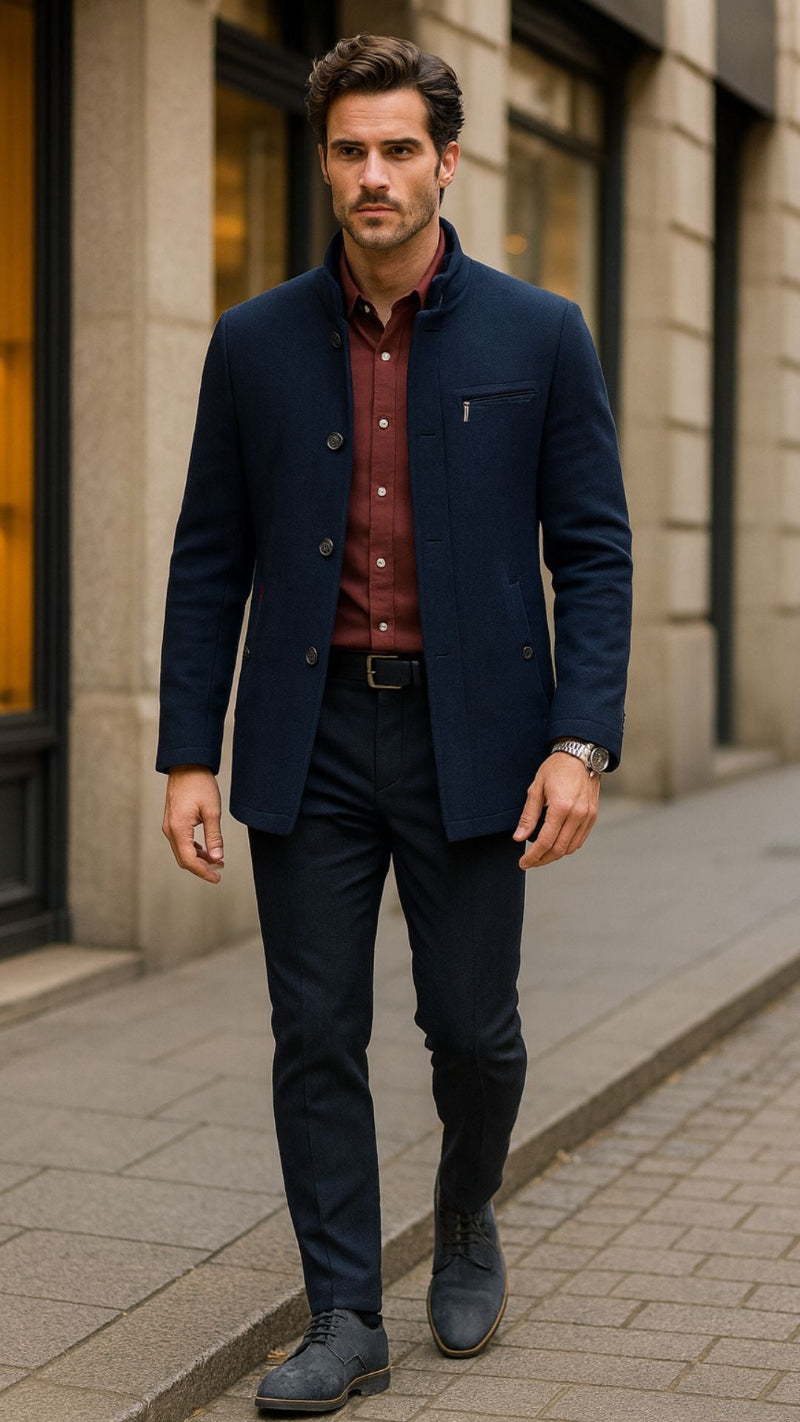 Men’s navy blue mandarin collar jacket with burgundy shirt and matching tailored pants — premium fall menswear outfit by Polumi.